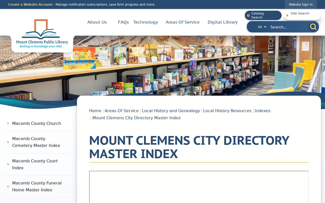 Macomb city directory master index page at Mount Clemens Public Library