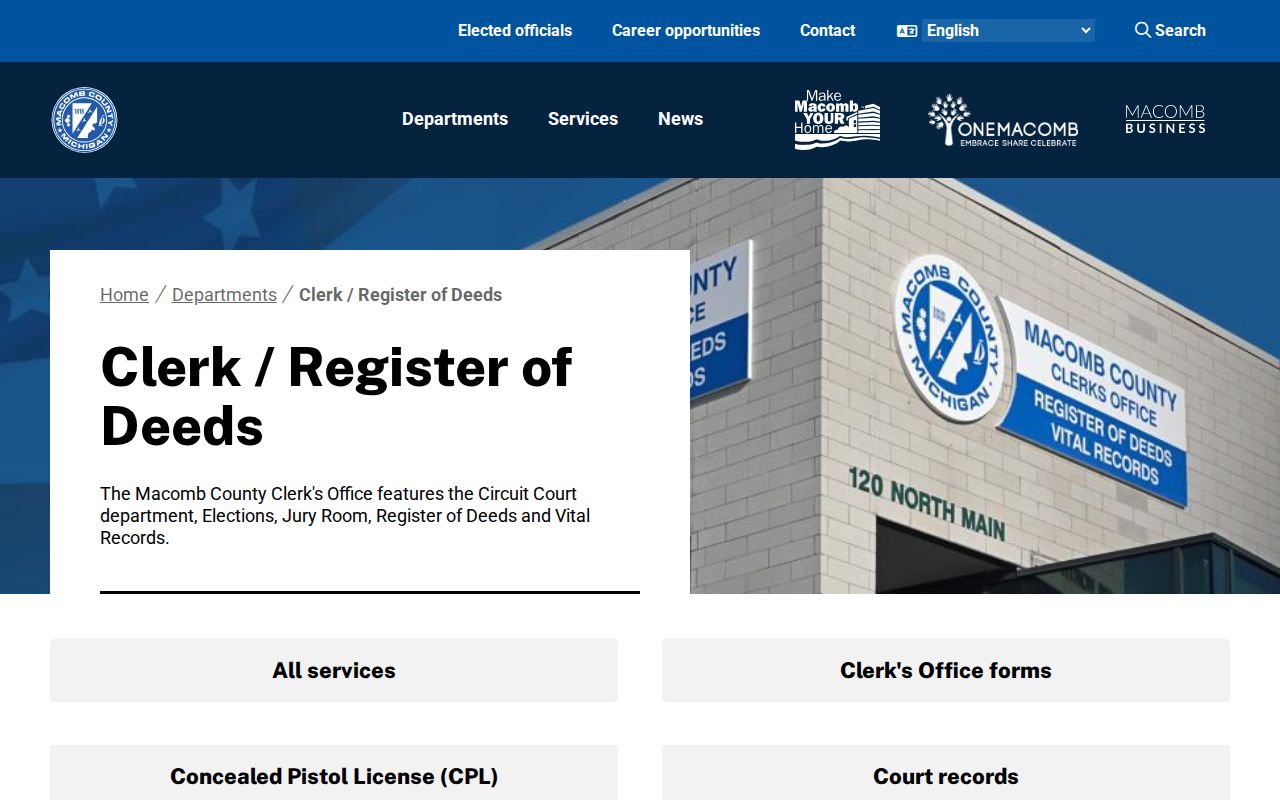 Macomb County residents directory Clerk and Register of Deeds page