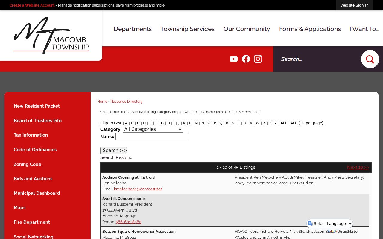 Macomb County neighbors Macomb Township HOA contact directory