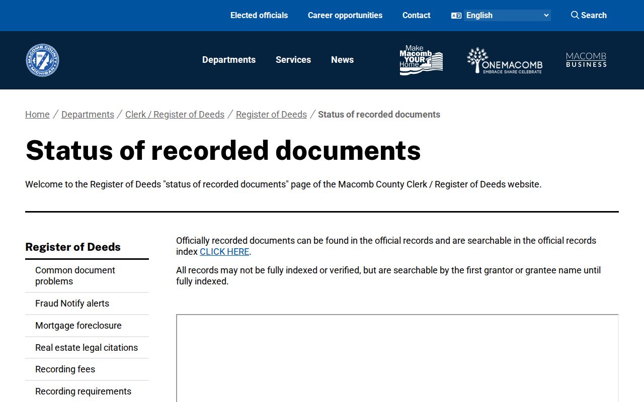 Macomb previous residents deed-index status information from the Register of Deeds