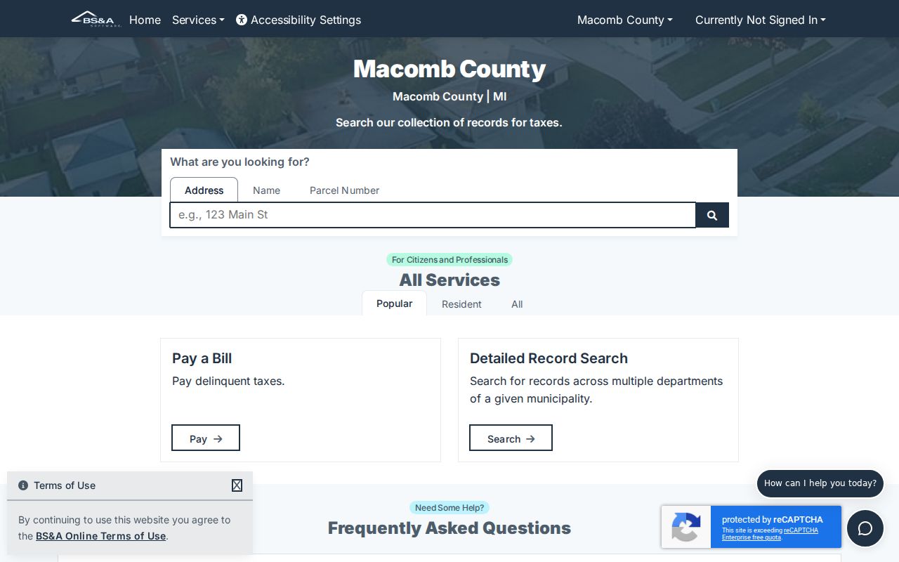 Macomb County street directory BS&A property search fields