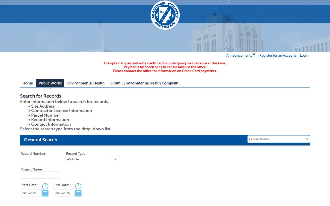 Macomb County street directory public works permit search interface