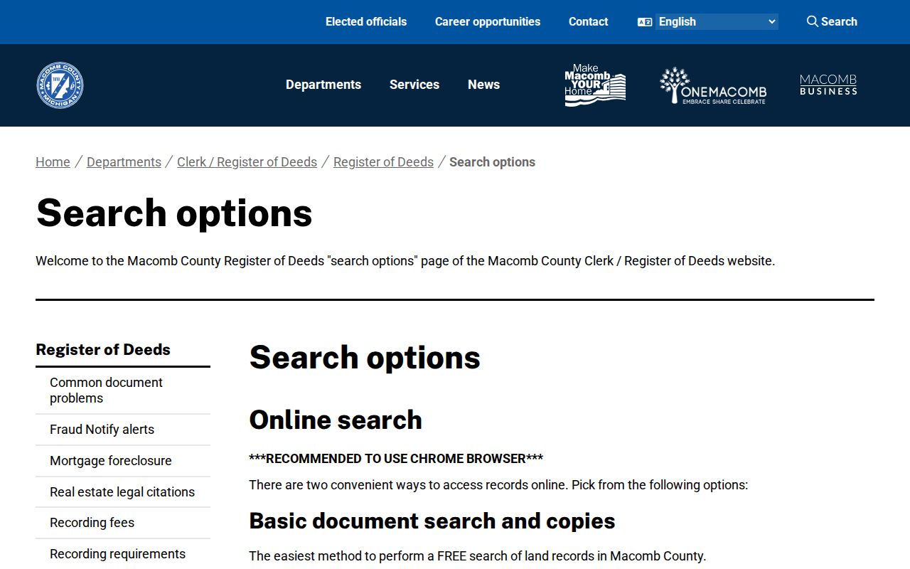 Macomb County street directory Register of Deeds basic and advanced search choices