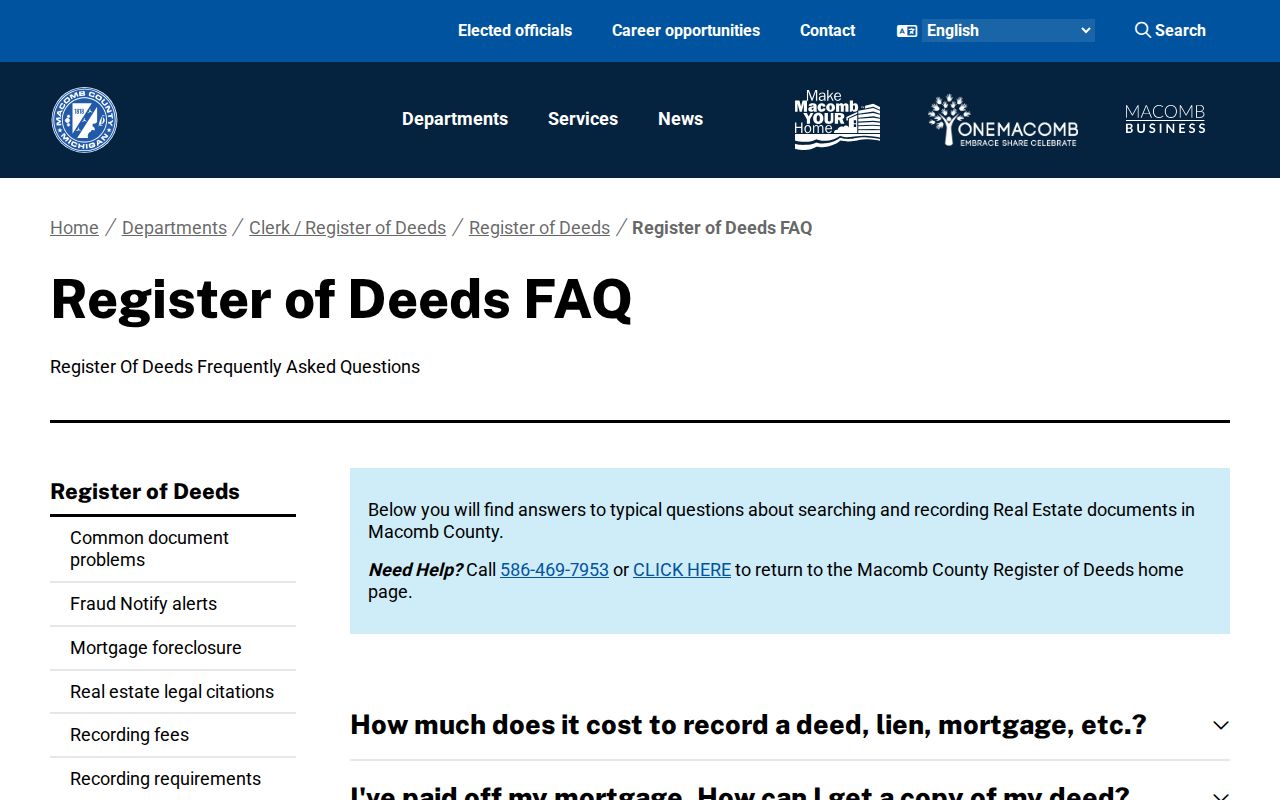 Macomb County street directory Register of Deeds search access and fee information