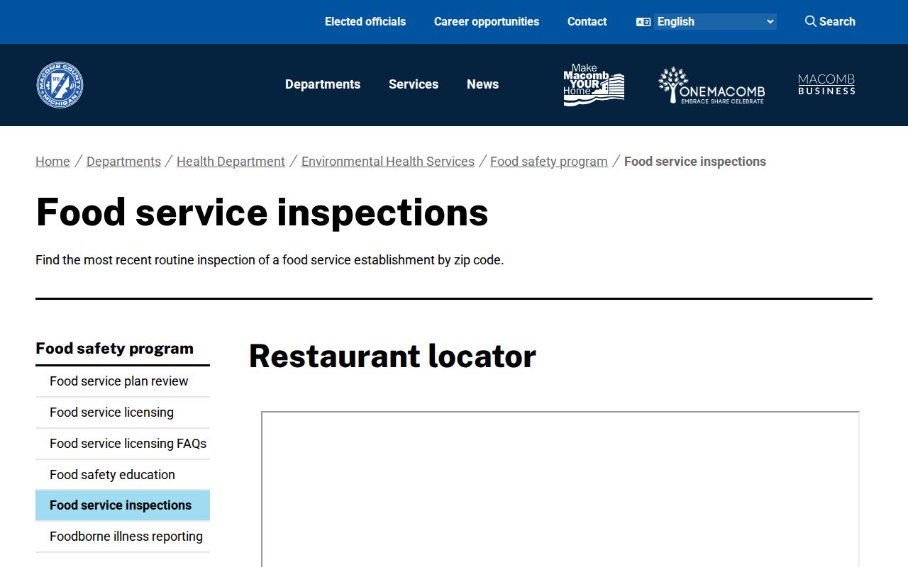 Macomb County ZIP code directory source showing the food inspection ZIP filter